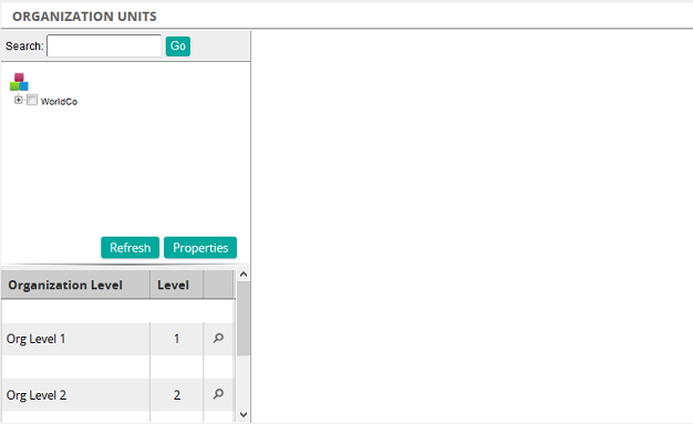 The Organization Units page with a search box, an organization tree and a table of organization levels