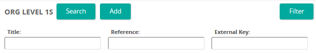 The Org Level 1s page header with Search, Add and Filter buttons and Title, Reference and External Key fields