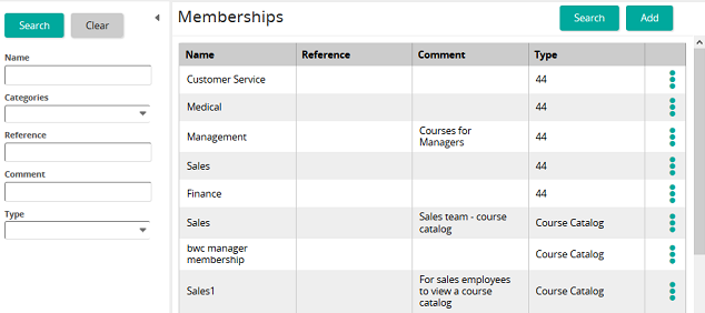 The Memberships page listing memberships by name, reference, comment and type, with a search panel on the left