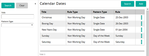The Calendar Dates page with search filters on the left and a table of dates with rule and pattern types