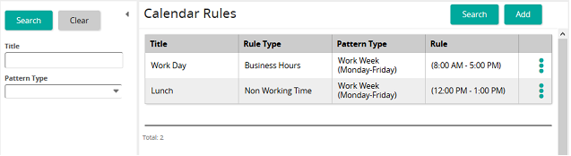 The Calendar Rules page with search filters on the left and a table of rules with rule and pattern types