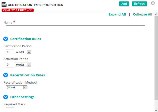 The Certification Type Properties page with Name, Certification Rules, Recertification Rules and Other Settings sections