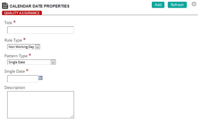 The Calendar Date Properties page with Title, Rule Type, Pattern Type, Single Date and Description fields