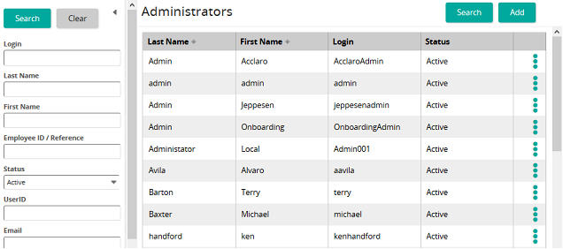 The Administrators page with search filters on the left and a table of administrators with a status column