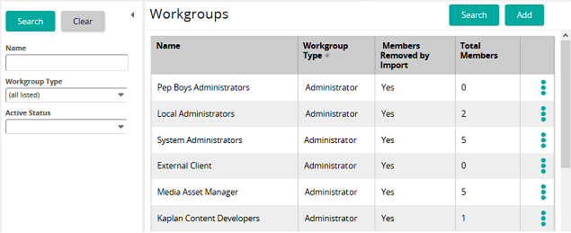 The Workgroups page listing workgroups, with Name, Workgroup Type and Active Status filters