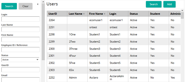 The Users page listing users by ID, name, login and status, with a search panel on the left