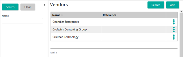 The Vendors page listing three vendors, with a Name filter and Search and Add buttons