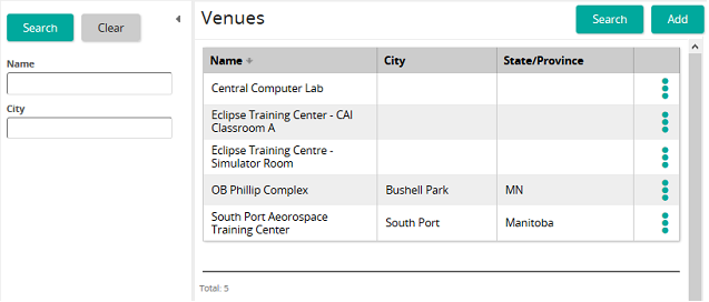 The Venues page listing five venues, with Name and City filters and Search and Add buttons