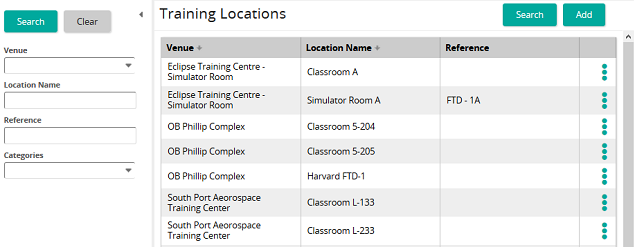 The Training Locations page listing locations by venue, location name and reference, with a search panel