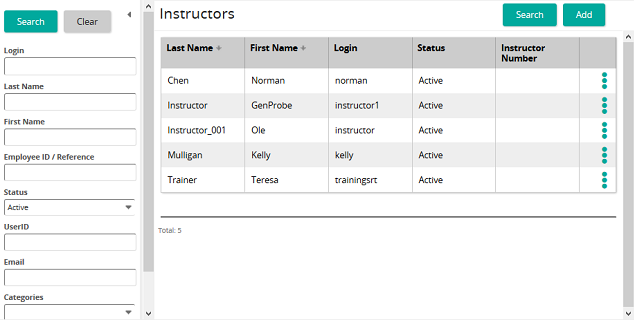 The Instructors page listing five instructors by name, login and status, with a search panel on the left