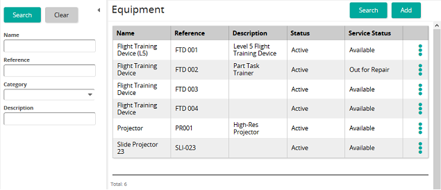 The Equipment page listing equipment with status and service status, with a search panel on the left
