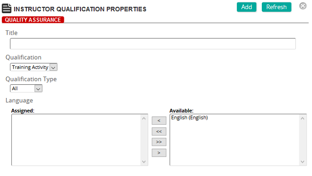 The Instructor Qualification Properties page with Title, Qualification, Qualification Type and Language fields