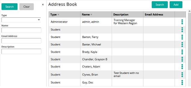 The Address Book page with search filters on the left and a table of entry types, names and descriptions