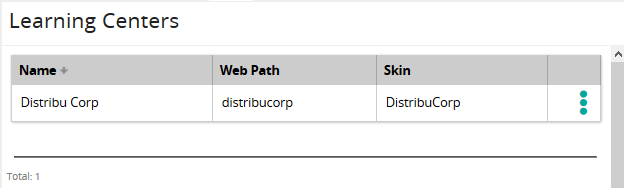 The Learning Centers page listing one learning center with Name, Web Path and Skin columns