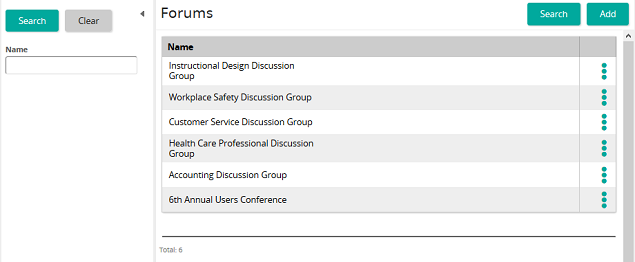 The Forums page listing six forums, with a search panel on the left