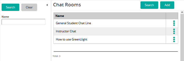 The Chat Rooms page with a Name filter on the left and a table listing three chat rooms