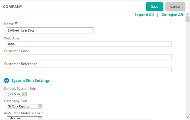 The Company page with Name, Web Alias and System Skin Settings fields and Save and Cancel buttons
