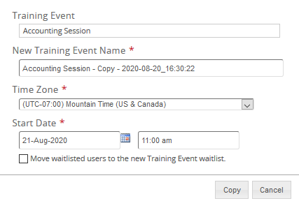The Copy Training Event window with New Training Event Name, Time Zone and Start Date fields and a Copy button
