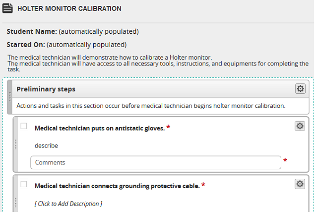 The Checklist Authoring page showing a checklist with a section, checkbox elements and a gear icon on each element