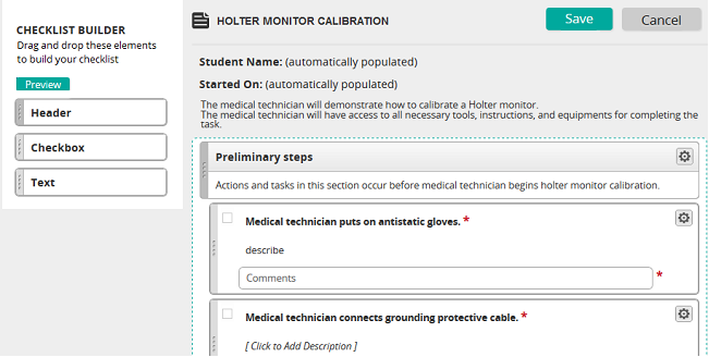 The Checklist Authoring page with a Checklist Builder panel of Header, Checkbox and Text elements and a sample checklist