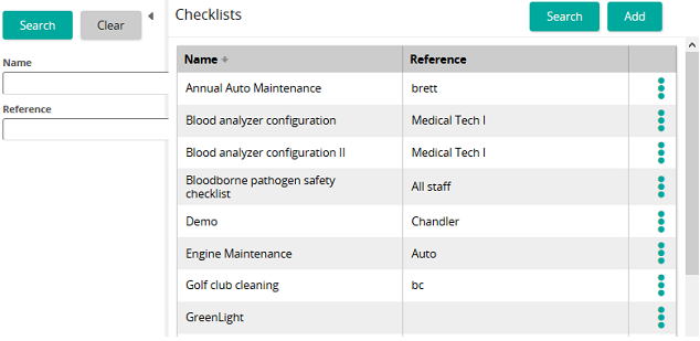 The Checklists page with Name and Reference filters on the left and a table of checklists