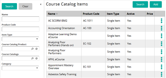 The Course Catalog Items page listing items by product code and item type, with a search panel on the left