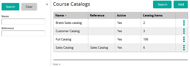 The Course Catalogs page listing four catalogs with Active and Catalog Items columns