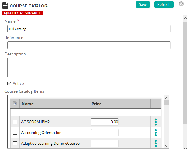The Course Catalog page with Name, Reference, Description, an Active checkbox and a Course Catalog Items list