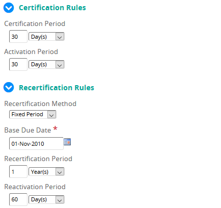 The Certification Rules and Recertification Rules sections with Fixed Period method and a 1 year recertification period