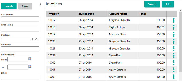 The Invoices page listing invoices by number, date, account name and total, with a search panel on the left