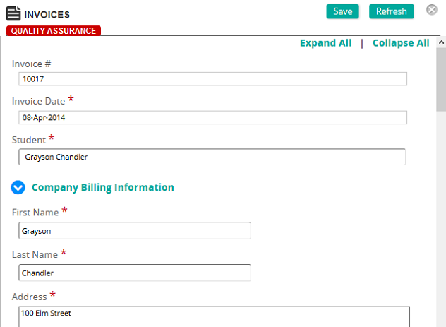 The Invoices page with Invoice #, Invoice Date, Student and Company Billing Information fields