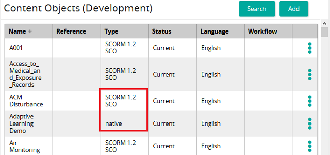 The Content Objects (Development) page with the Type column highlighted for two content objects