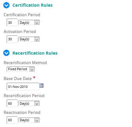 The Certification Rules and Recertification Rules sections with Fixed Period method and a 60-day recertification period