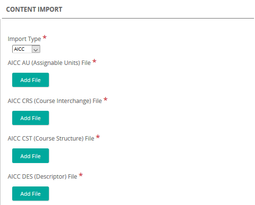 The Content Import page with Import Type set to AICC and four Add File buttons