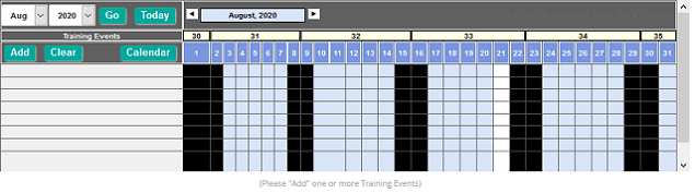 The Planning Board calendar for August 2020 with Add, Clear and Calendar buttons and no training events added