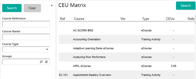 The CEU Matrix page listing courses with type and CEUs columns, with a search panel on the left