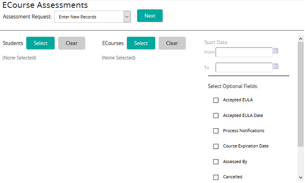 The eCourse Assessments page with Students and eCourses Select buttons, date fields and optional field checkboxes