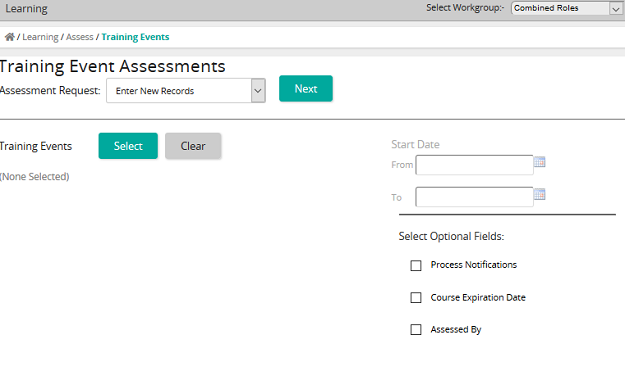 The Training Event Assessments page with Assessment Request set to Enter New Records and a Training Events selector