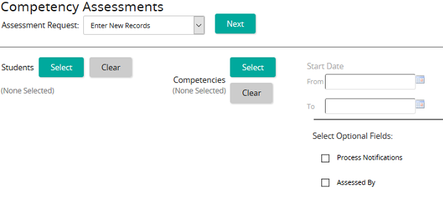 The Competency Assessments page with Assessment Request set to Enter New Records and Select buttons