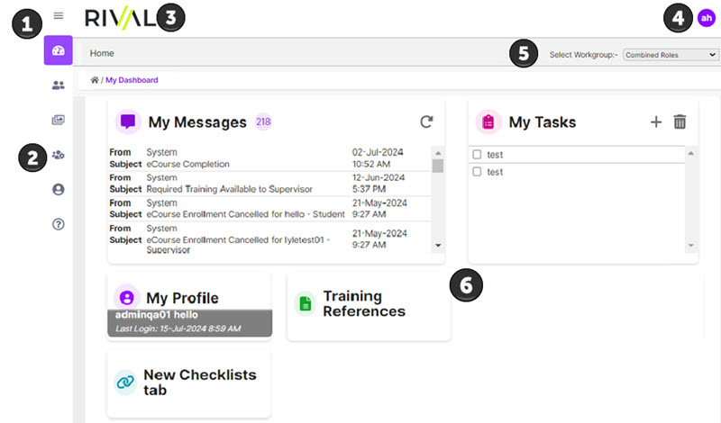 The Administration Portal home page with numbered callouts on the menu, logo, avatar, workgroup list and dashboard tiles