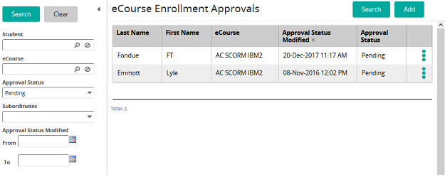 The eCourse Enrollment Approvals page listing two pending approvals, with a search panel on the left