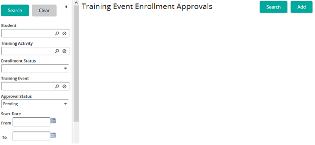 The Training Event Enrollment Approvals page with a search panel on the left and an empty results area