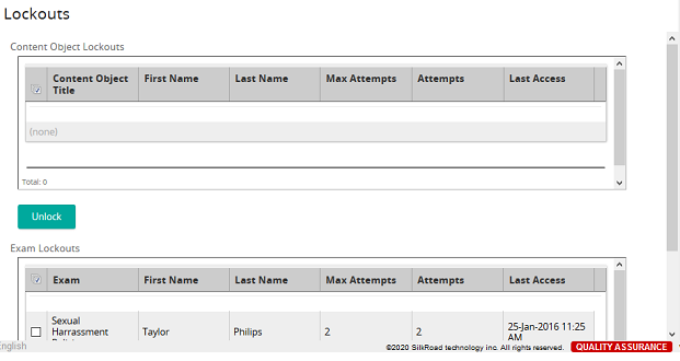 The Lockouts page with Content Object Lockouts and Exam Lockouts lists and an Unlock button