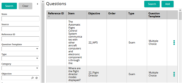 The Questions page listing questions by stem, objective, type and question template, with a search panel on the left