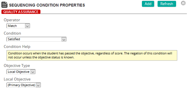 The Sequencing Condition Properties page with Operator, Condition, Condition Help and Objective Type fields