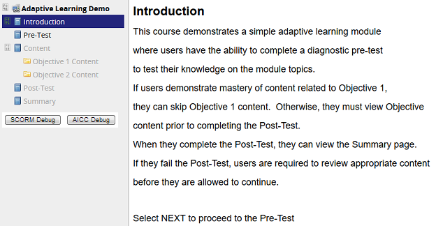 The Troubleshooting skin showing a course outline on the left with SCORM Debug and AICC Debug buttons