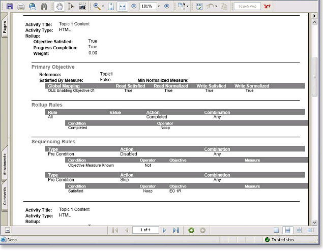 The Content Detail Report open in a PDF viewer, showing rollup rules and sequencing rules for an activity