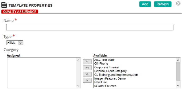 The Template Properties page with Name, Type set to HTML and Category fields