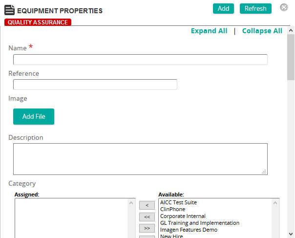 The Equipment Properties page with Name, Reference, Image, Description and Category fields