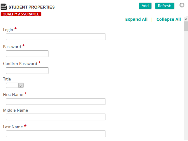 The Student Properties page with Login, Password, Confirm Password, Title and name fields